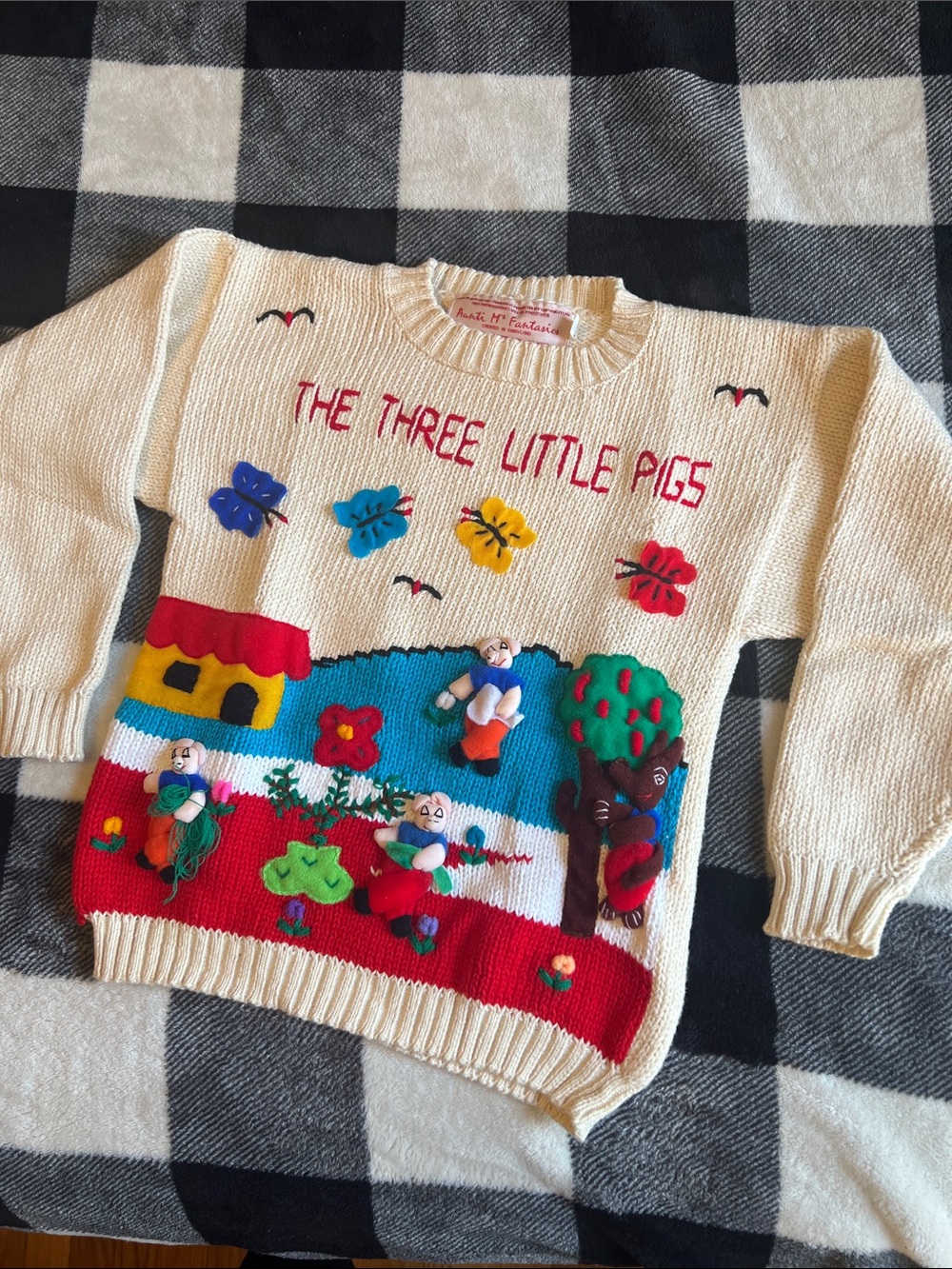 Aunti M’s Fantasies 100% Cotton VINTAGE Cream "The Three Little Pigs" Sweater M